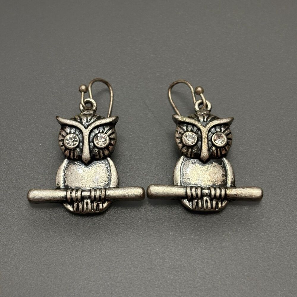 Owl Dangle Drop Earrings Silver Tone Pierced Sitting On Branch Jeweled Eyes VNTG